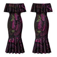 Hawaiian Mango Tribal Tattoo Couples Matching Mermaid Dress and Long Sleeve Button Shirt Pink Pacific Traditional Pattern