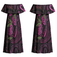 Hawaiian Mango Tribal Tattoo Couples Matching Off Shoulder Maxi Dress and Hawaiian Shirt Pink Pacific Traditional Pattern