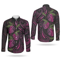 Hawaiian Mango Tribal Tattoo Couples Matching Off Shoulder Short Dress and Long Sleeve Button Shirt Pink Pacific Traditional Pattern