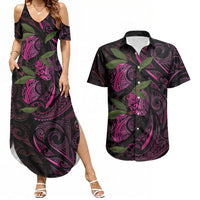 Hawaiian Mango Tribal Tattoo Couples Matching Summer Maxi Dress and Hawaiian Shirt Pink Pacific Traditional Pattern