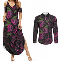 Hawaiian Mango Tribal Tattoo Couples Matching Summer Maxi Dress and Long Sleeve Button Shirt Pink Pacific Traditional Pattern