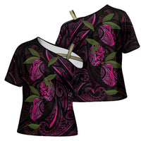 Hawaiian Mango Tribal Tattoo Cross Shoulder Shirt Pink Pacific Traditional Pattern