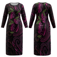 Hawaiian Mango Tribal Tattoo Family Matching Long Sleeve Bodycon Dress and Hawaiian Shirt Pink Pacific Traditional Pattern