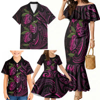 Hawaiian Mango Tribal Tattoo Family Matching Mermaid Dress and Hawaiian Shirt Pink Pacific Traditional Pattern