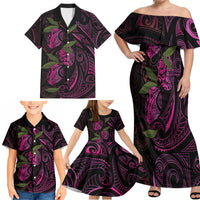 Hawaiian Mango Tribal Tattoo Family Matching Off Shoulder Maxi Dress and Hawaiian Shirt Pink Pacific Traditional Pattern