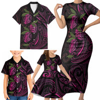 Hawaiian Mango Tribal Tattoo Family Matching Short Sleeve Bodycon Dress and Hawaiian Shirt Pink Pacific Traditional Pattern