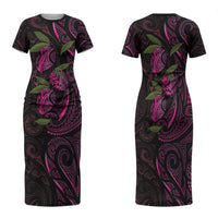 Hawaiian Mango Tribal Tattoo Family Matching Short Sleeve Bodycon Dress and Hawaiian Shirt Pink Pacific Traditional Pattern