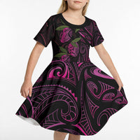 Hawaiian Mango Tribal Tattoo Kid Short Sleeve Dress Pink Pacific Traditional Pattern