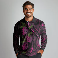 Hawaiian Mango Tribal Tattoo Long Sleeve Polo Shirt Pink Pacific Traditional Pattern