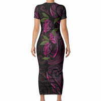 Hawaiian Mango Tribal Tattoo Short Sleeve Bodycon Dress Pink Pacific Traditional Pattern