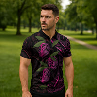 Hawaiian Mango Tribal Tattoo Zipper Polo Shirt Pink Pacific Traditional Pattern