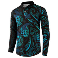 Hawaiian Mango Tribal Tattoo Button Sweatshirt Teal Pacific Traditional Pattern