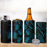 Hawaiian Mango Tribal Tattoo 4 in 1 Can Cooler Tumbler Teal Pacific Traditional Pattern