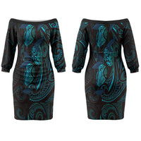 Hawaiian Mango Tribal Tattoo Couples Matching Off The Shoulder Long Sleeve Dress and Hawaiian Shirt Teal Pacific Traditional Pattern