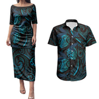 Hawaiian Mango Tribal Tattoo Couples Matching Puletasi and Hawaiian Shirt Teal Pacific Traditional Pattern