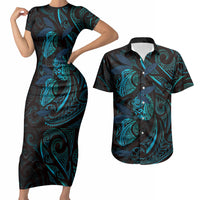 Hawaiian Mango Tribal Tattoo Couples Matching Short Sleeve Bodycon Dress and Hawaiian Shirt Teal Pacific Traditional Pattern