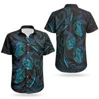 Hawaiian Mango Tribal Tattoo Couples Matching Short Sleeve Bodycon Dress and Hawaiian Shirt Teal Pacific Traditional Pattern