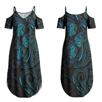 Hawaiian Mango Tribal Tattoo Couples Matching Summer Maxi Dress and Hawaiian Shirt Teal Pacific Traditional Pattern
