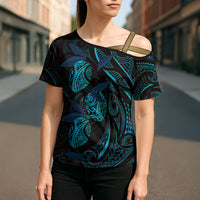 Hawaiian Mango Tribal Tattoo Cross Shoulder Shirt Teal Pacific Traditional Pattern