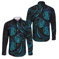 Hawaiian Mango Tribal Tattoo Family Matching Long Sleeve Bodycon Dress and Hawaiian Shirt Teal Pacific Traditional Pattern