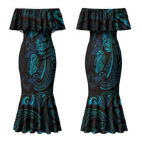 Hawaiian Mango Tribal Tattoo Family Matching Mermaid Dress and Hawaiian Shirt Teal Pacific Traditional Pattern
