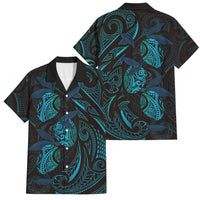 Hawaiian Mango Tribal Tattoo Family Matching Short Sleeve Bodycon Dress and Hawaiian Shirt Teal Pacific Traditional Pattern