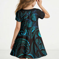 Hawaiian Mango Tribal Tattoo Kid Short Sleeve Dress Teal Pacific Traditional Pattern
