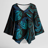 Hawaiian Mango Tribal Tattoo Kimono Sleeve Blouse Teal Pacific Traditional Pattern