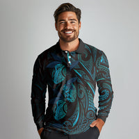 Hawaiian Mango Tribal Tattoo Long Sleeve Polo Shirt Teal Pacific Traditional Pattern