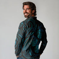Hawaiian Mango Tribal Tattoo Long Sleeve Polo Shirt Teal Pacific Traditional Pattern