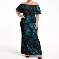 Hawaiian Mango Tribal Tattoo Off Shoulder Maxi Dress Teal Pacific Traditional Pattern