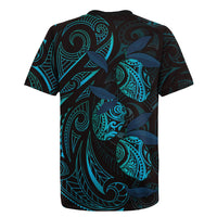 Hawaiian Mango Tribal Tattoo Rugby Jersey Teal Pacific Traditional Pattern