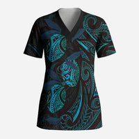 Hawaiian Mango Tribal Tattoo Scrub Top Teal Pacific Traditional Pattern