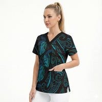 Hawaiian Mango Tribal Tattoo Scrub Top Teal Pacific Traditional Pattern