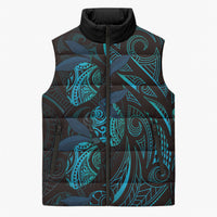 Hawaiian Mango Tribal Tattoo Sleeveless Puffer Jacket Teal Pacific Traditional Pattern