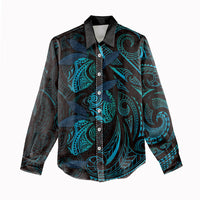 Hawaiian Mango Tribal Tattoo Women Casual Shirt Teal Pacific Traditional Pattern