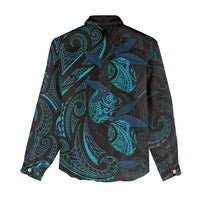 Hawaiian Mango Tribal Tattoo Women Casual Shirt Teal Pacific Traditional Pattern