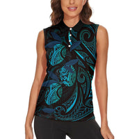 Hawaiian Mango Tribal Tattoo Women Sleeveless Polo Shirt Teal Pacific Traditional Pattern