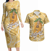 Hawaiian Mango Ukulele Couples Matching Long Sleeve Bodycon Dress and Hawaiian Shirt Retro Yellow Hibiscus Pikake Lei