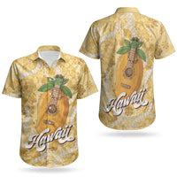 Hawaiian Mango Ukulele Couples Matching Long Sleeve Bodycon Dress and Hawaiian Shirt Retro Yellow Hibiscus Pikake Lei