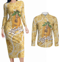 Hawaiian Mango Ukulele Couples Matching Long Sleeve Bodycon Dress and Long Sleeve Button Shirt Retro Yellow Hibiscus Pikake Lei
