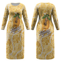 Hawaiian Mango Ukulele Couples Matching Long Sleeve Bodycon Dress and Long Sleeve Button Shirt Retro Yellow Hibiscus Pikake Lei