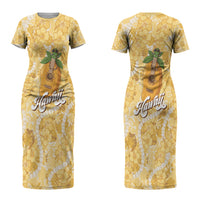 Hawaiian Mango Ukulele Couples Matching Short Sleeve Bodycon Dress and Hawaiian Shirt Retro Yellow Hibiscus Pikake Lei