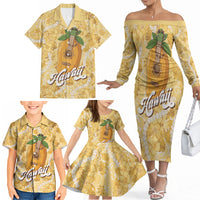 Hawaiian Mango Ukulele Family Matching Off The Shoulder Long Sleeve Dress and Hawaiian Shirt Retro Yellow Hibiscus Pikake Lei