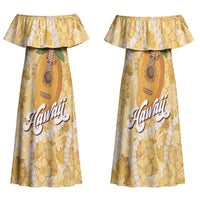 Hawaiian Mango Ukulele Family Matching Off Shoulder Maxi Dress and Hawaiian Shirt Retro Yellow Hibiscus Pikake Lei