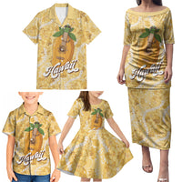 Hawaiian Mango Ukulele Family Matching Puletasi and Hawaiian Shirt Retro Yellow Hibiscus Pikake Lei