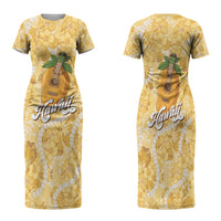 Hawaiian Mango Ukulele Family Matching Short Sleeve Bodycon Dress and Hawaiian Shirt Retro Yellow Hibiscus Pikake Lei