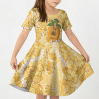 Hawaiian Mango Ukulele Kid Short Sleeve Dress Retro Yellow Hibiscus Pikake Lei