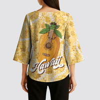 Hawaiian Mango Ukulele Kimono Sleeve Blouse Retro Yellow Hibiscus Pikake Lei