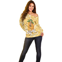 Hawaiian Mango Ukulele Off Shoulder Sweater Retro Yellow Hibiscus Pikake Lei